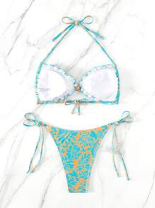 花卉印花荷葉邊露背領口夏季海灘比基尼套裝 - 彩色 - 查看 2