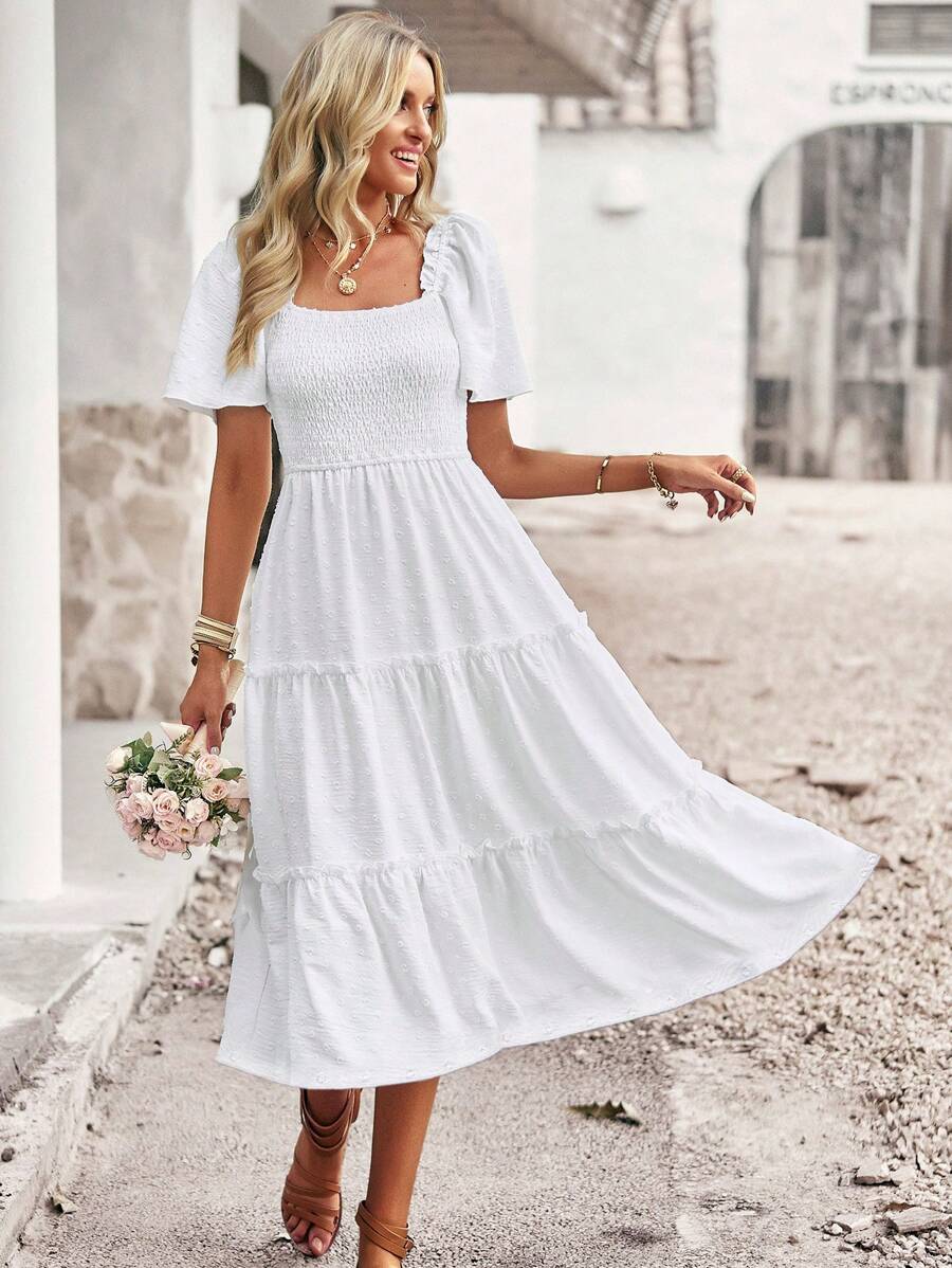SHEIN Holidaya Vestido de lunares de cuello cuadrado bajo con fruncido - Blanco - Ver 1