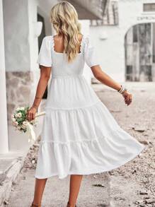 SHEIN Holidaya Vestido de lunares de cuello cuadrado bajo con fruncido - Blanco - Ver 2