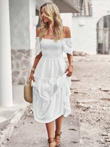 SHEIN Holidaya Vestido de lunares de cuello cuadrado bajo con fruncido - Blanco - Ver 3