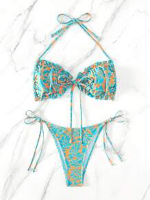 花卉印花荷葉邊露背領口夏季海灘比基尼套裝 - 彩色 - 查看 7