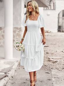 SHEIN Holidaya Vestido de lunares de cuello cuadrado bajo con fruncido - Blanco - Ver 5