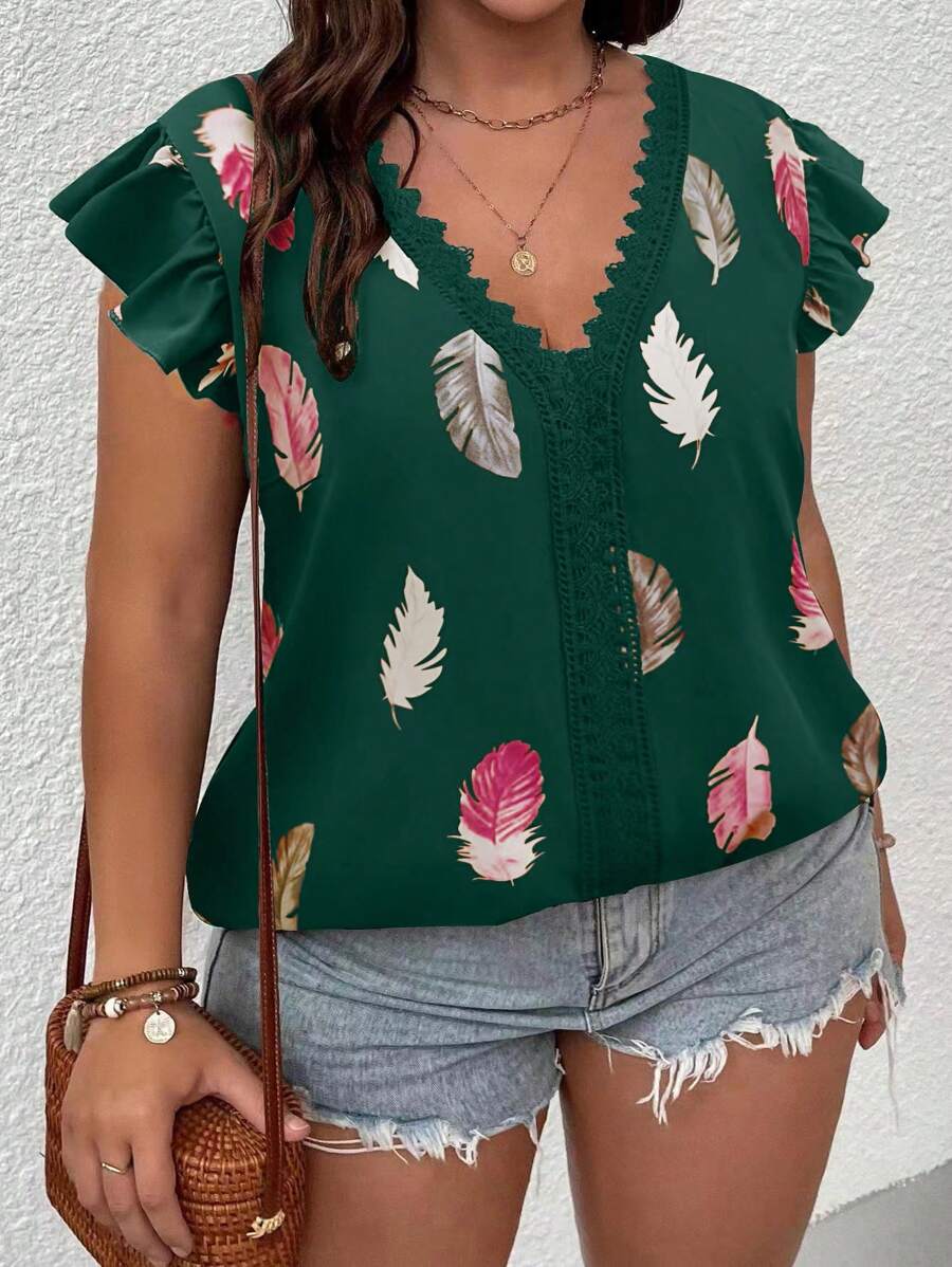 SHEIN LUNE Plus Feather Print Contrast Guipure Lace Butterfly Sleeve Blouse - Dark Green - View 1
