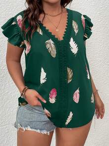 SHEIN LUNE Plus Feather Print Contrast Guipure Lace Butterfly Sleeve Blouse - Dark Green - View 3