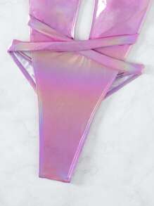 Swim SXY 鐳射深V領露背吊脖連體泳衣 - 粉色 - 查看 3