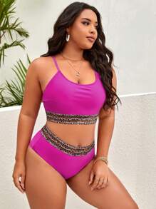 SHEIN Swim Curve Plus Size Leopard Print Cami Top & High Waisted Bottom Bikini Set, For Summer Beach Vacation - Hot Pink - View 3
