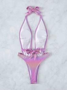 Swim SXY 鐳射深V領露背吊脖連體泳衣 - 粉色 - 查看 5