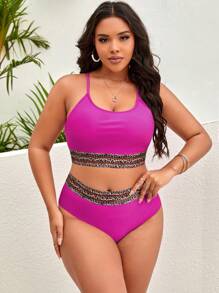 SHEIN Swim Curve Plus Size Leopard Print Cami Top & High Waisted Bottom Bikini Set, For Summer Beach Vacation - Hot Pink - View 4
