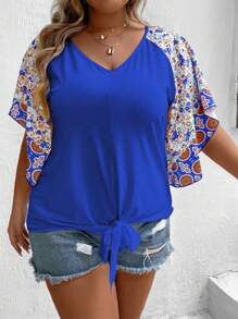 SHEIN LUNE Camiseta de manga raglan con estampado floral y dobladillo nudoso para talla grande en verano - azul real - Ver 1