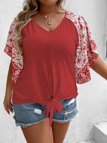 SHEIN LUNE Áo thun tay raglan in họa tiết hoa nhí Plus, kiểu thắt nơ, thích hợp cho năm mới. - Đỏ - Xem 1