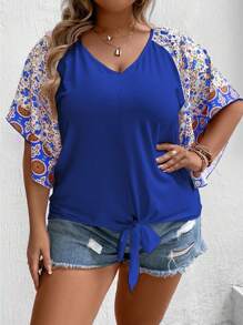 SHEIN LUNE Camiseta de manga raglan con estampado floral y dobladillo nudoso para talla grande en verano - azul real - Ver 4