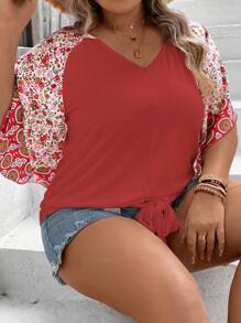 SHEIN LUNE Áo thun tay raglan in họa tiết hoa nhí Plus, kiểu thắt nơ, thích hợp cho năm mới. - Đỏ - Xem 3