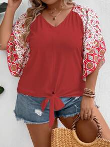 SHEIN LUNE Áo thun tay raglan in họa tiết hoa nhí Plus, kiểu thắt nơ, thích hợp cho năm mới. - Đỏ - Xem 4