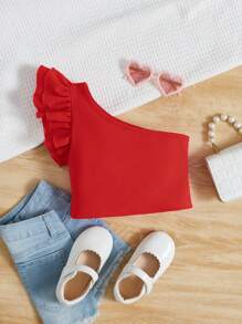 SHEIN 年轻女孩纯色夏季短袖单肩荷叶边下摆 T 恤