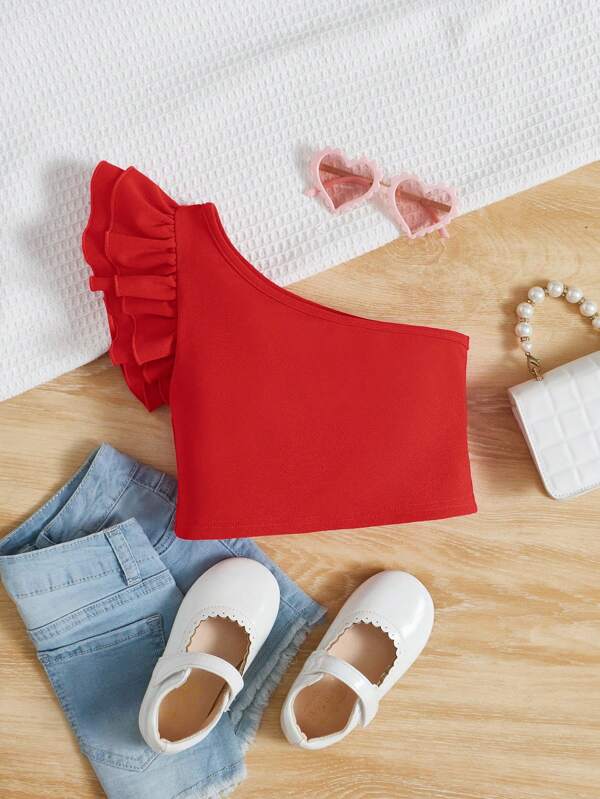 SHEIN Kleine Mädchen Einfarbiges Sommer T-Shirt mit kurzen Ärmeln, einem Schulterausschnitt und Rüschensaum