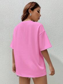 SHEIN EZwear Áo thun mùa hè in chữ, vai rớt, màu hồng đậm. - Hồng - Xem 2