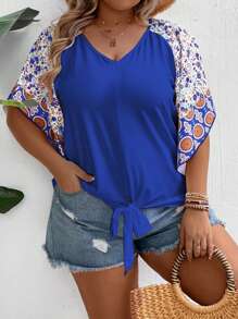 SHEIN LUNE Camiseta de manga raglan con estampado floral y dobladillo nudoso para talla grande en verano - azul real - Ver 7