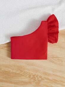 SHEIN 年轻女孩纯色夏季短袖单肩荷叶边下摆 T 恤