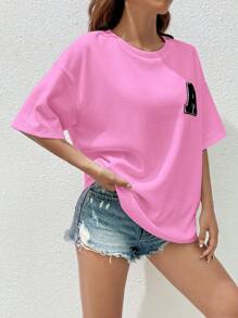 SHEIN EZwear Áo thun mùa hè in chữ, vai rớt, màu hồng đậm. - Hồng - Xem 3