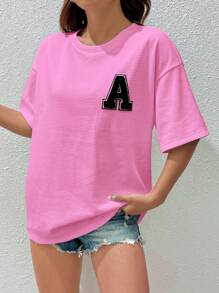 SHEIN EZwear Áo thun mùa hè in chữ, vai rớt, màu hồng đậm. - Hồng - Xem 4