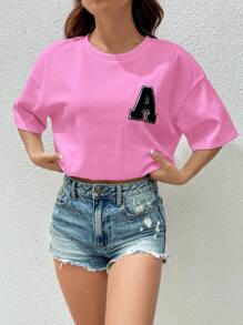 SHEIN EZwear Áo thun mùa hè in chữ, vai rớt, màu hồng đậm. - Hồng - Xem 5