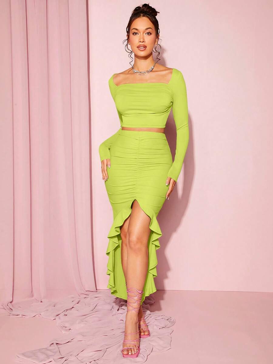 SHEIN BAE 方領短款上衣和褶邊荷葉邊不對稱下擺半身裙 - 青檸色 - 查看 1