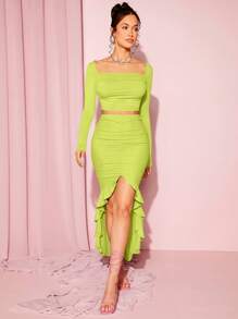 SHEIN BAE 方領短款上衣和褶邊荷葉邊不對稱下擺半身裙 - 青檸色 - 查看 4