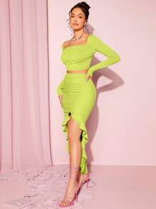 SHEIN BAE 方領短款上衣和褶邊荷葉邊不對稱下擺半身裙 - 青檸色 - 查看 5