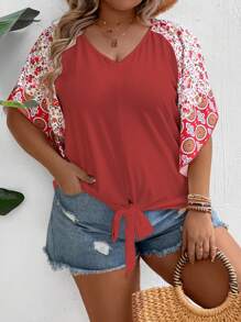 SHEIN LUNE Áo thun tay raglan in họa tiết hoa nhí Plus, kiểu thắt nơ, thích hợp cho năm mới. - Đỏ - Xem 6