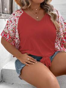 SHEIN LUNE Áo thun tay raglan in họa tiết hoa nhí Plus, kiểu thắt nơ, thích hợp cho năm mới. - Đỏ - Xem 7