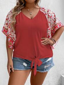 SHEIN LUNE Áo thun tay raglan in họa tiết hoa nhí Plus, kiểu thắt nơ, thích hợp cho năm mới. - Đỏ - Xem 8