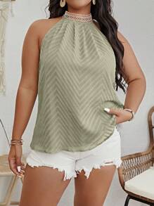 SHEIN VCAY 大碼鋸齒紋提花水溶蕾絲拼接繞頸襯衫 - 綠色 - 查看 6