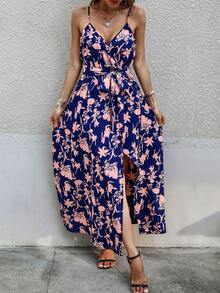 Allover Floral Print Belted Cami Dress - Multicolor - View 4