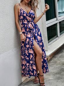 Allover Floral Print Belted Cami Dress - Multicolor - View 6