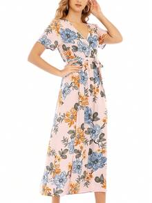 Floral Print Belted Wrap Dress - Apricot - View 3