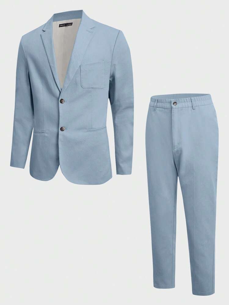 Men Cotton Solid Blazer & Suit Pants Set
