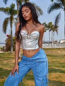 Vòng bướm được liên kết với áo nịt ngực bằng da PU - Bạc - Xem 5