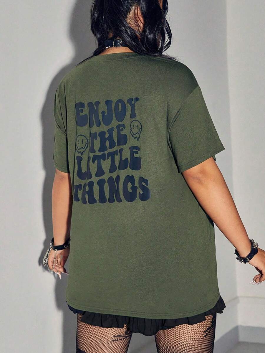 ROMWE Street Life Áo thun Plus size Hoạt hình Slogan Giải trí - xanh quân đội - Xem 1