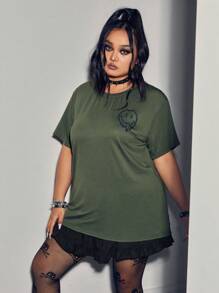 ROMWE Street Life Áo thun Plus size Hoạt hình Slogan Giải trí - xanh quân đội - Xem 2