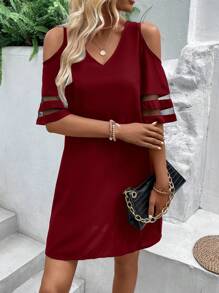 SHEIN LUNE 挖肩網紗拼接直筒洋裝 - 酒紅色 - 查看 5