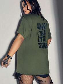 ROMWE Street Life Áo thun Plus size Hoạt hình Slogan Giải trí - xanh quân đội - Xem 3