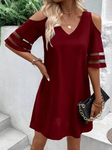 SHEIN LUNE 挖肩網紗拼接直筒洋裝 - 酒紅色 - 查看 6