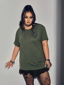 ROMWE Street Life Áo thun Plus size Hoạt hình Slogan Giải trí - xanh quân đội - Xem 4