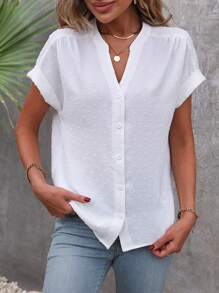 SHEIN LUNE Swiss Dot Batwing Sleeve Button Front Blouse - White - View 5