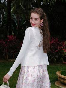 Nữ Cardigans Nút phía trước màu trơn Giải trí - trắng - Xem 3