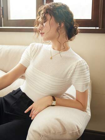 Knit Mix Elegant Women's French Knit Puff Sleeve T-Shirt, Spring/Summer Round Neck Regular Fit T-Shirt, Subtle Retro Old Coin Pattern Short Sleeve Top, Suitable For Back To School Season, Autumn/Winter, As Well As Christmas, Thanksgiving And New Year Occasions