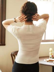 Knit Mix 优雅女士法式针织泡泡袖T恤，春夏圆领常规版型T恤，低调复古古币图案短袖上衣，适合返校季、秋冬季以及圣诞节、感恩节和新年等场合，休闲白色 - 白色 - 查看 2