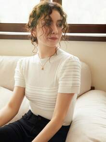 Knit Mix 优雅女士法式针织泡泡袖T恤，春夏圆领常规版型T恤，低调复古古币图案短袖上衣，适合返校季、秋冬季以及圣诞节、感恩节和新年等场合，休闲白色 - 白色 - 查看 4