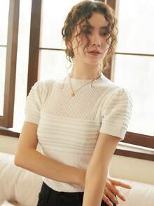 Knit Mix 优雅女士法式针织泡泡袖T恤，春夏圆领常规版型T恤，低调复古古币图案短袖上衣，适合返校季、秋冬季以及圣诞节、感恩节和新年等场合，休闲白色 - 白色 - 查看 6