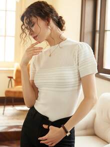 Knit Mix 优雅女士法式针织泡泡袖T恤，春夏圆领常规版型T恤，低调复古古币图案短袖上衣，适合返校季、秋冬季以及圣诞节、感恩节和新年等场合，休闲白色 - 白色 - 查看 7